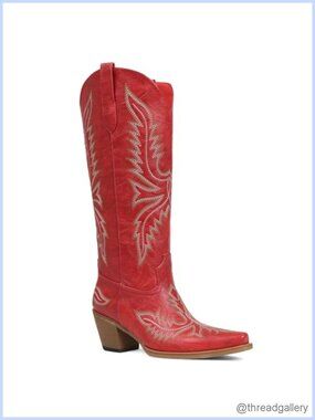 Western Cowboy Boots Knee High Snip Toe Faux Leather Chunky Heel
